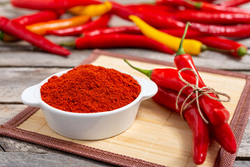 Crushed red chili pepper on wooden background