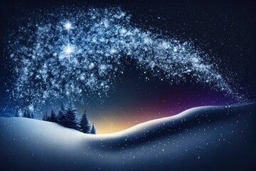 Abstract colorful winter wonderland. Night sky with sparkling snow and gusting snowflakes. Stars and lights over icy background wallpaper.