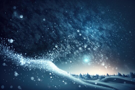 Abstract colorful winter wonderland. Night sky with sparkling snow and gusting snowflakes. Stars and lights over icy background wallpaper.