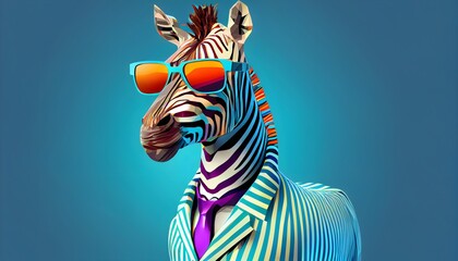 Fototapeta na wymiar Fashion zebra in color suit with sunglasses on a solid color background, vector art, digital art, faceted, minimal, abstract, geometric. Generative AI.