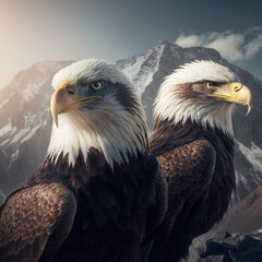 Couple of bald eagles curious in the wild looking at the camera. Wide Angle - Generative ai