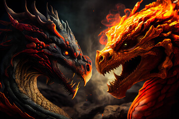 Two  fire breathing dragons.  Dragons fighting.  Generative AI.