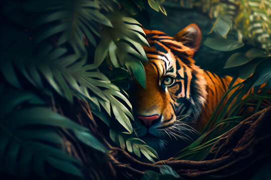Tiger Hiding in the Corner of a Green Jungle. Generative AI