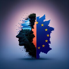 Nature face profile silhouette and European Union flag on isolated background