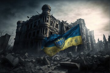 Flag of Ukraine above rubble in ruined city with ominous sky