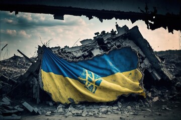 Ukraine flag over building rubble