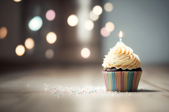 Tempting birthday cupcake with a flickering candle on light background.  Generative AI