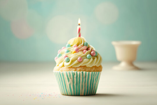 Tempting birthday cupcake with a flickering candle on light background.  Generative AI