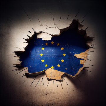 European Union flag behind breaking wall