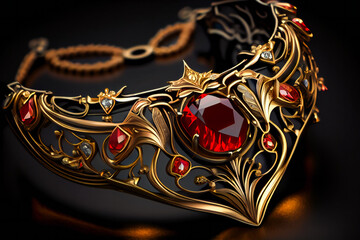 Beautiful expensive jewelry gold with ruby.  Red gemstone.  Generative AI.