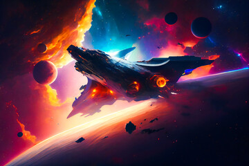 Fototapeta na wymiar Interstellar journey through a colorful nebula with spaceship, stars and planet. Generative AI