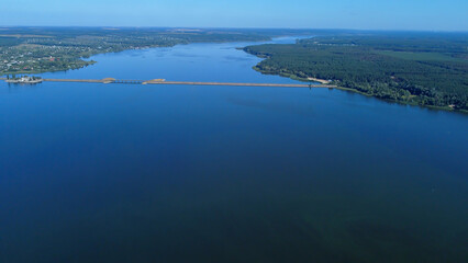 Reservoir on the Seversky Donets near Stary Saltov.  View of the dam.  Drone photo