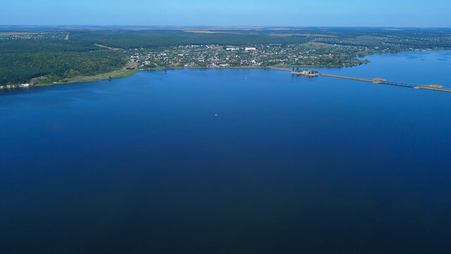 Reservoir on the Seversky Donets near Stary Saltov. View of the dam. Drone photo © glebantiy