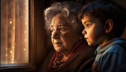 Obraz premium Old Senior woman, grandmother and her little grandson together by the window, watching something, AI generative