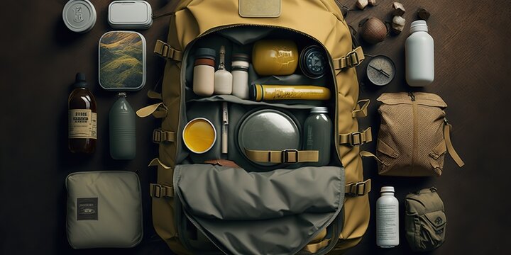 Carefully organized hiking backpack filled with various supplies for hike in mountains, concept of Preparation and Necessities, created with Generative AI technology