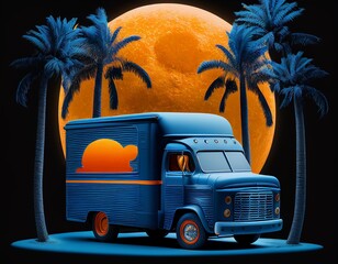 A blue truck with a huge night and moon in the background.  Generative AI.
