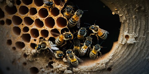 Macro shot of beehive with bees coming in and out of the hives small openings, concept of Honey Production and Pollination, created with Generative AI technology