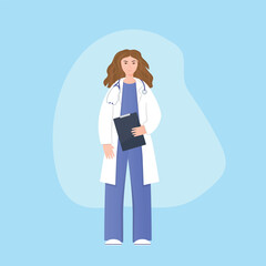 young female doctor with stethoscope and clipboard icon - vector illustration