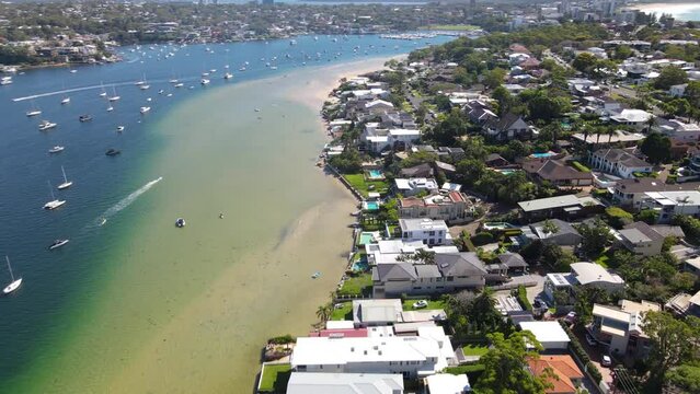 Aerial drone view of Port Hacking and Gunnamatta Bay in the Sutherland Shire, Sydney NSW Australia during summer on a sunny day