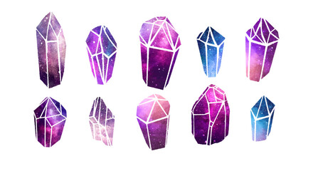 Watercolor colorful Crytal Gemstones isolated on white background
