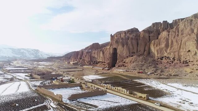 Stunning Cinematic Arial Shot of the Buddha of Bamiyan, Afghanistan.