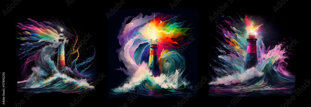 Poster lighthouse with multicolored paints splash. ai generative.