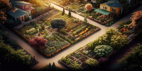 community garden with colorful plots and winding paths bustling with activity as gardeners, concept of Urban Agriculture and Community Engagement, created with Generative AI technology