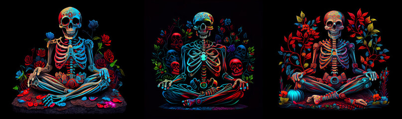 Colorful skeleton sitting relaxation yoga pose. AI generative.