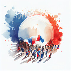 Obraz premium Crowd with french flags during the campaign meeting. AI generative.