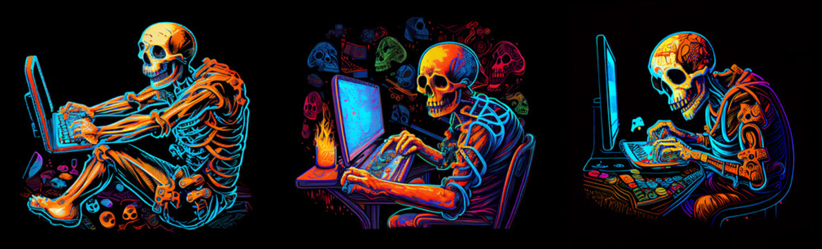 Colorful skeleton working on his PC with paint screen. AI generative.