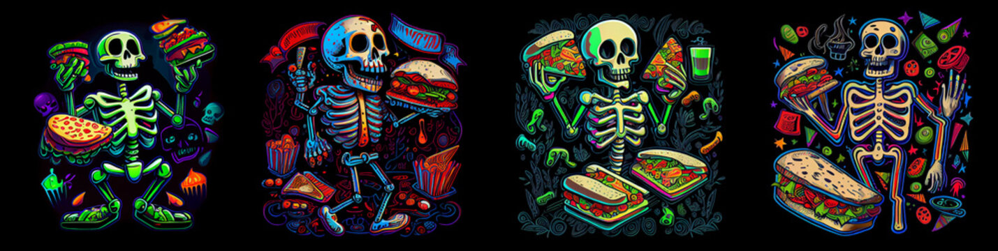 Happy skeleton eating fast food on black background. AI generative.
