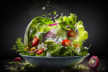 Salade verte composée volante, avec tomate - Générative IA - obrazy, fototapety, plakaty