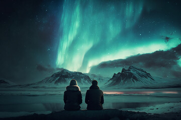 A couple sitting in Iceland watching aurora borealis northern lights in a lake black beach wanderlust travel  - obrazy, fototapety, plakaty