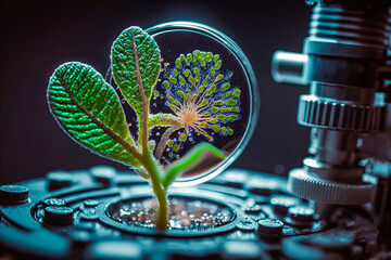 Plante en gros plan dans la lentille du microscope - Générative IA