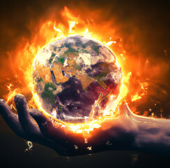 hand holding a planet on fire, climate change concept, created with generative AI tools