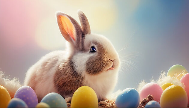 happy smiling easter bunny with many colorful easter eggs flying around - Generative AI