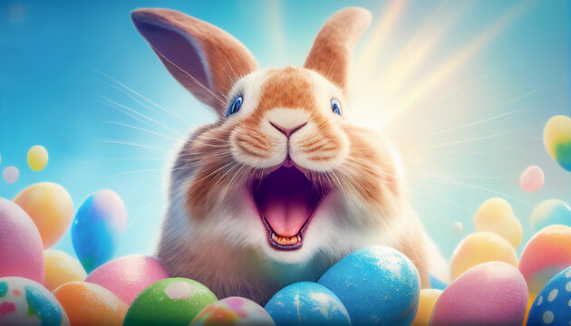 happy smiling easter bunny with many colorful easter eggs flying around - Generative AI