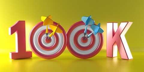 100K Text Followers with small dartboard on white background. 100 000 followers background. Congratulating networking thanks, net friends abstract image, customers. 100k 3d text.