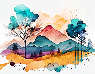 Watercolor landscape wallpaper illustration created with Generative AI technology