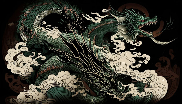 An illustration of mythology of dragon background. Japanese art style for wall decoration, wall art, banner. 