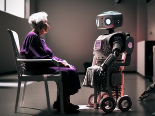 Future of geriatric care with robots in retirement home. AI generated, human enhanced. Background