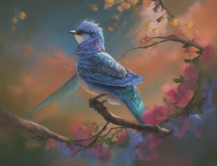 Colorful bird on top of beautiful flowers. AI generated, human enhanced. Background