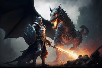 Foto op Canvas The epic scene of the battle of a knight with a dragon. Fairy tale atmosphere. AI generated © top images