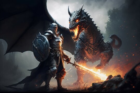 The epic scene of the battle of a knight with a dragon. Fairy tale atmosphere. AI generated