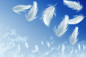 White feathers floating in the air. AI generated, human enhanced.