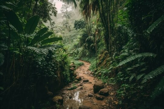 Dense tropical exotic jungle. AI generated, human improved