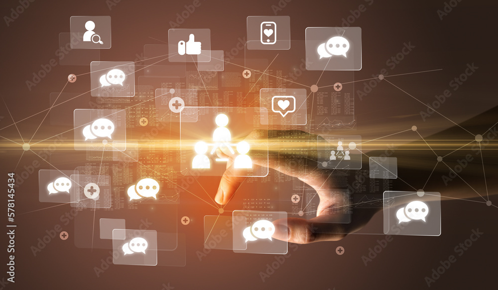 Poster hand pressing social media multimedia application screen with media icons on futuristic concept