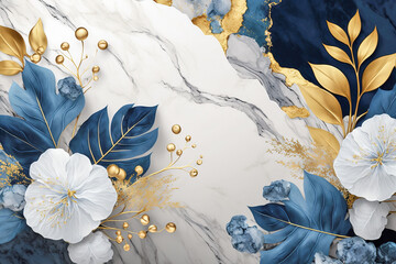 White flowers on white and blue marble background