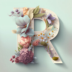letter "R" with flower decoration pastel color palette, cartoon, generative AI finalized in Photoshop by me