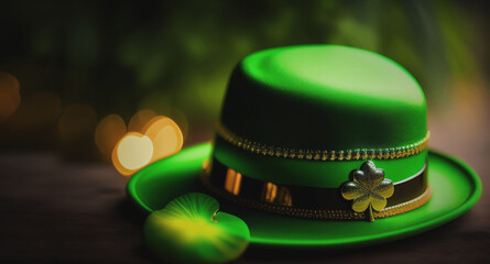 
Banner with bright green hat, gold coins and clover leaves. on green background and wooden texture Saint Patrick's Day concept. Generative AI Illustration - obrazy, fototapety, plakaty